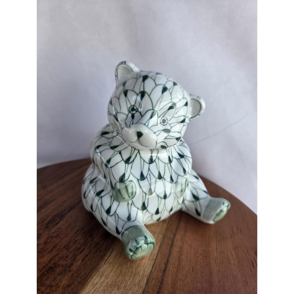 Andrea by Sadek Bear Figurine Green Fishnet Porcelain Hand Painted Japan